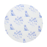 White cotton scented candle top with blue dog and botanical pattern on white lid