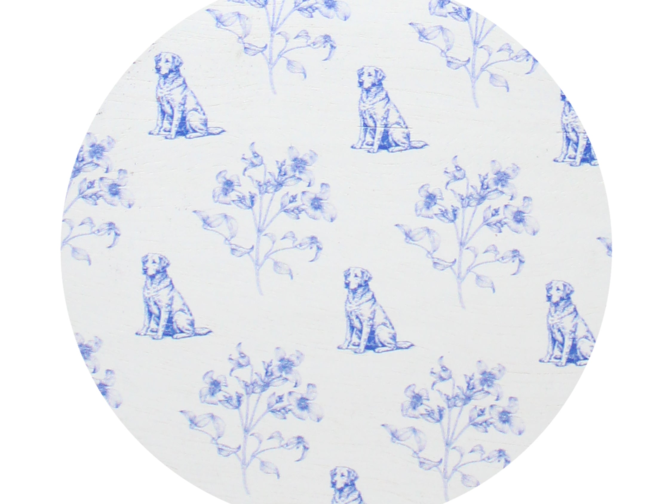 White cotton scented candle top with blue dog and botanical pattern on white lid