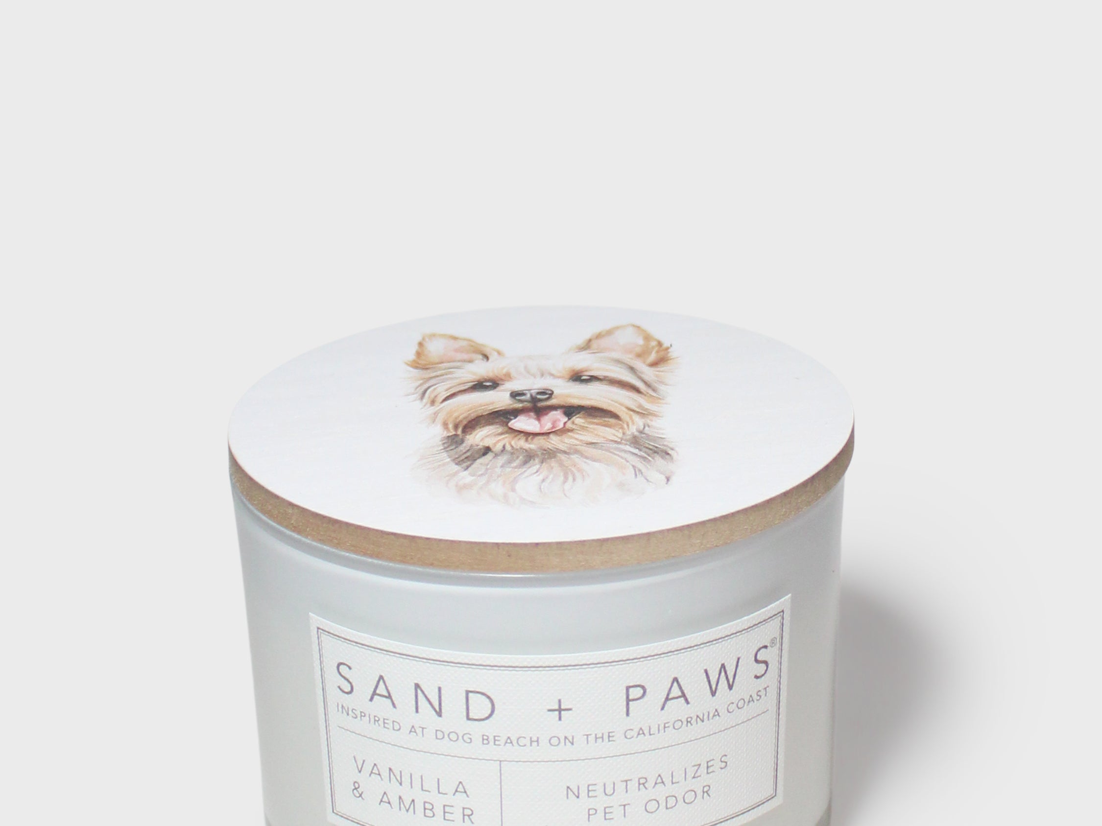 White scented candle with dog portrait lid and Sand + Paws label on jar