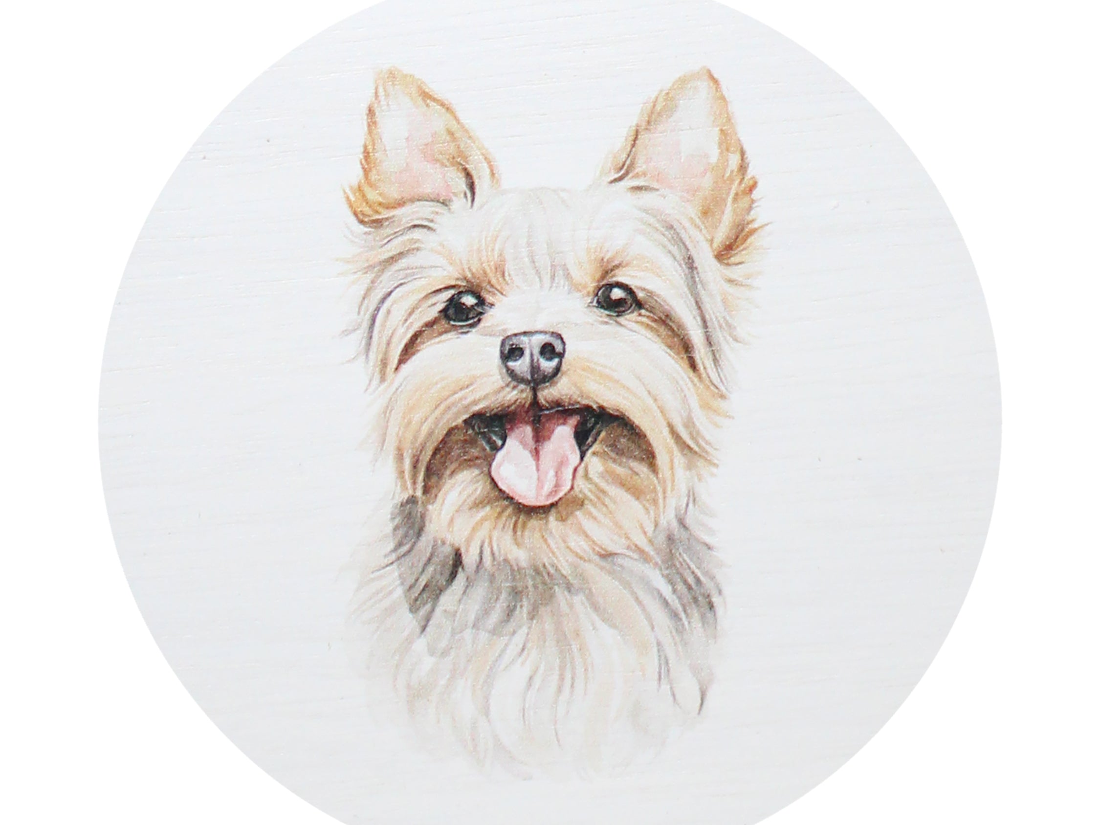 Dog face illustration on white candle lid, circular top view
