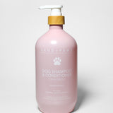 Sand + Paws pet shampoo and conditioner bottle, honeysuckle, 32 oz, pale pink with pump