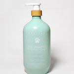 Dog shampoo and conditioner bottle with pump dispenser, pale teal, paw print label