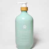 Dog shampoo and conditioner bottle with pump dispenser, pale teal, paw print label