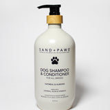 Sand + Paws dog shampoo & conditioner bottle with pump, oatmeal almond
