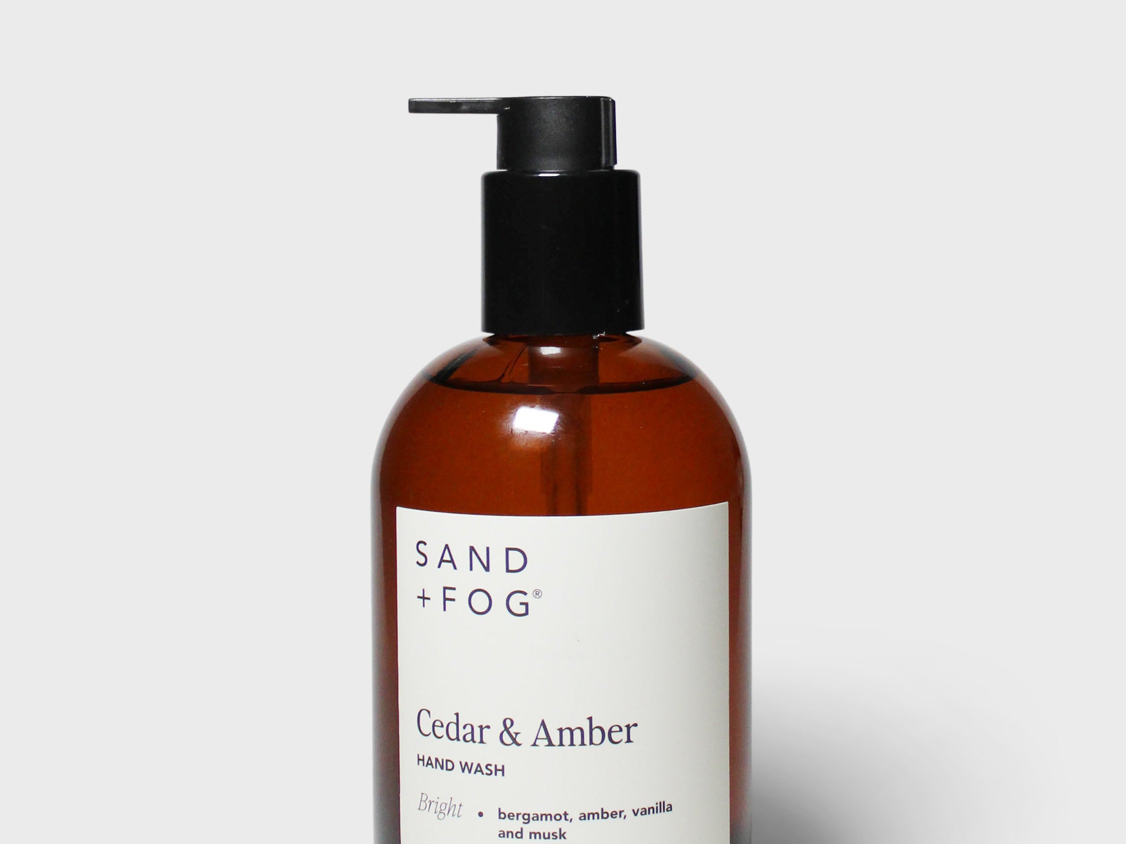 Foaming hand soap bottle with black pump, Cedar & Amber scent, amber glass