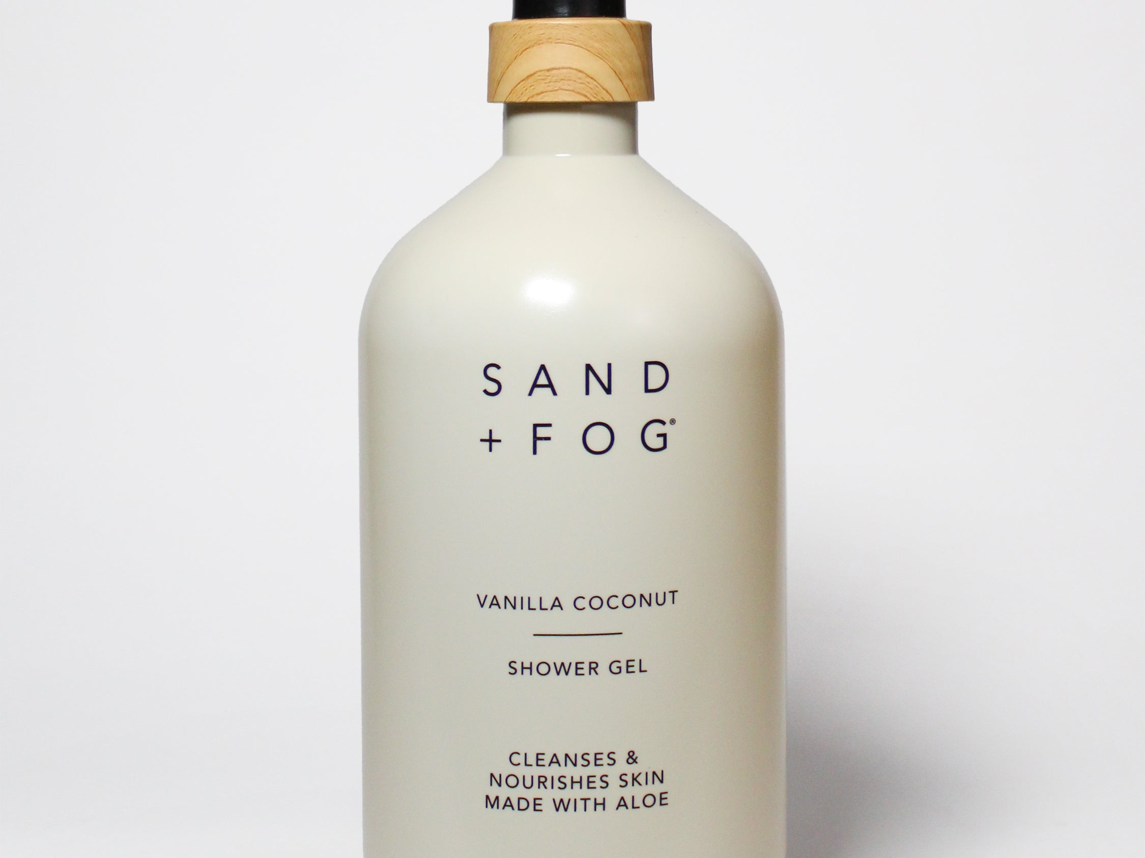 Sand + Fog vanilla coconut body wash, 32 fl oz, white bottle with black pump