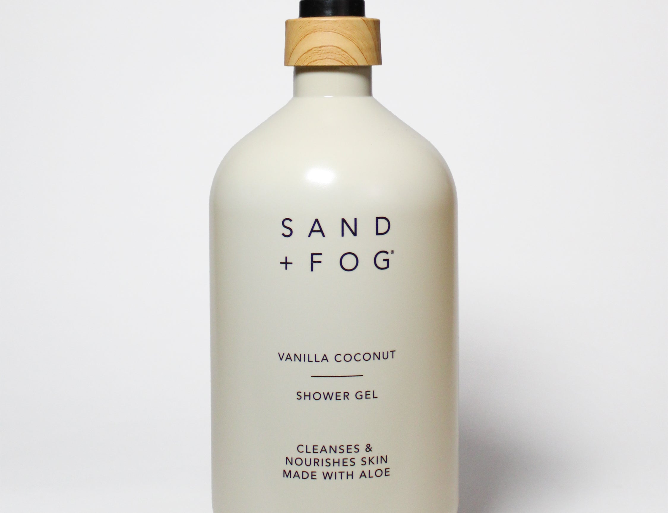 Sand + Fog vanilla coconut body wash, 32 fl oz, white bottle with black pump