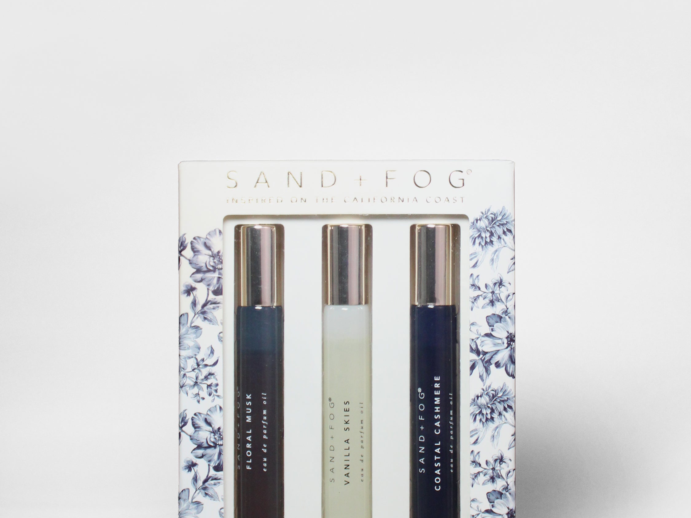 Sand+Fog blue toile perfume oil set box with three roll-on bottles