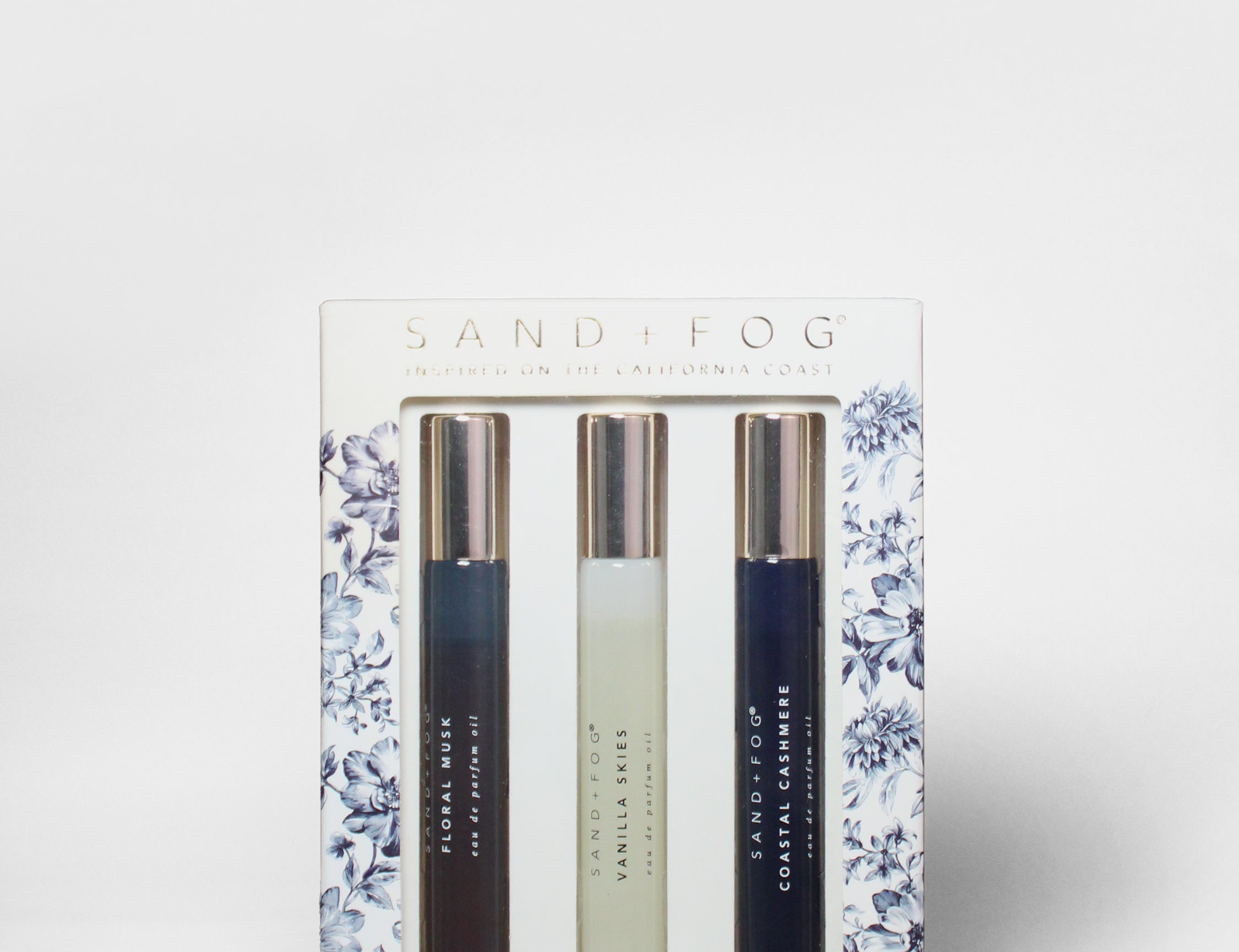 Sand+Fog blue toile perfume oil set box with three roll-on bottles