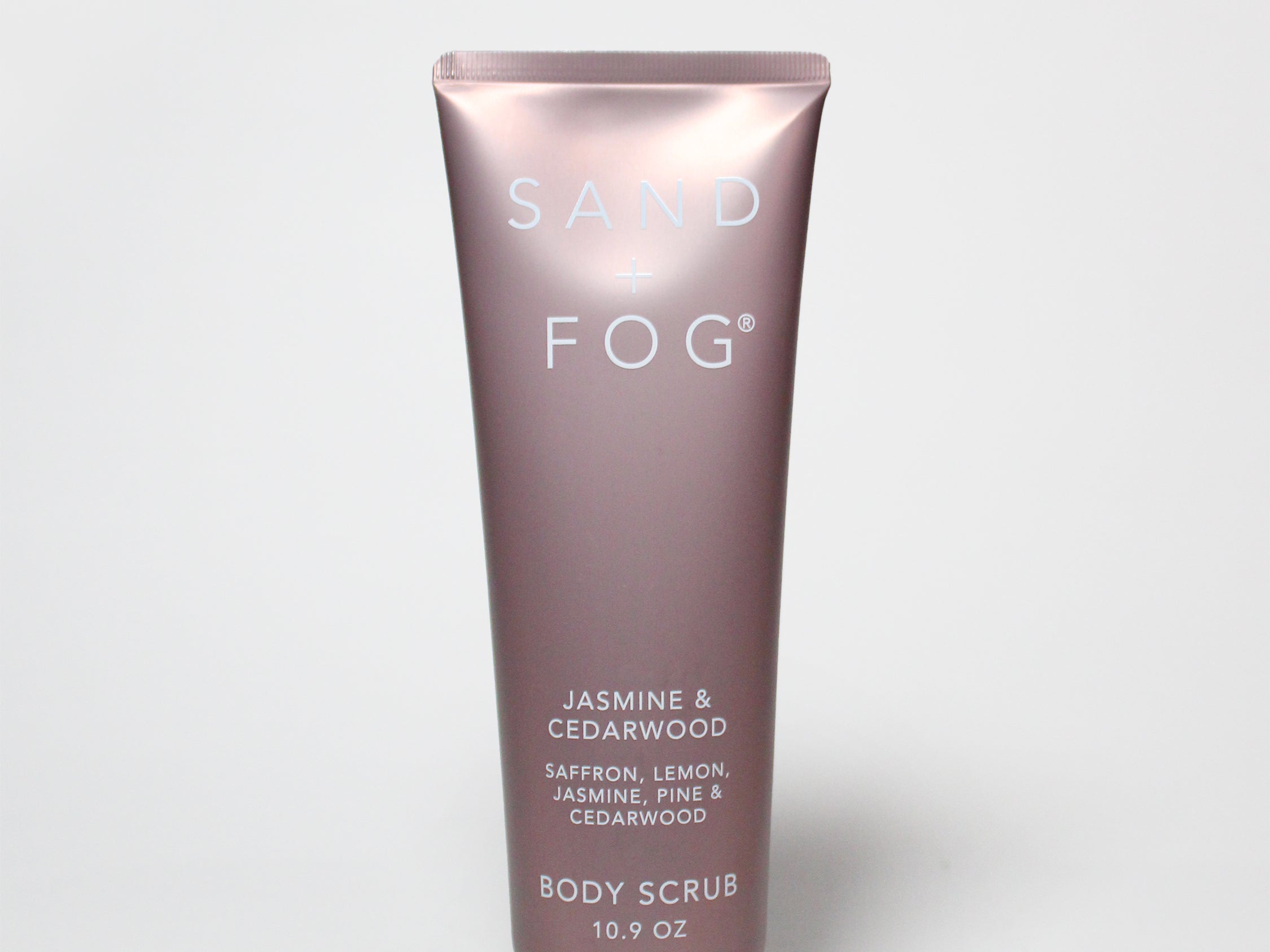 Jasmine & Cedarwood body scrub tube, purple with gold cap, 10.9 oz