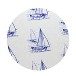 Scented candle lid with sailboat pattern, white with blue sail illustrations