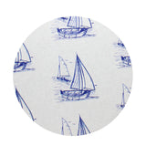Scented candle lid with sailboat pattern, white with blue sail illustrations