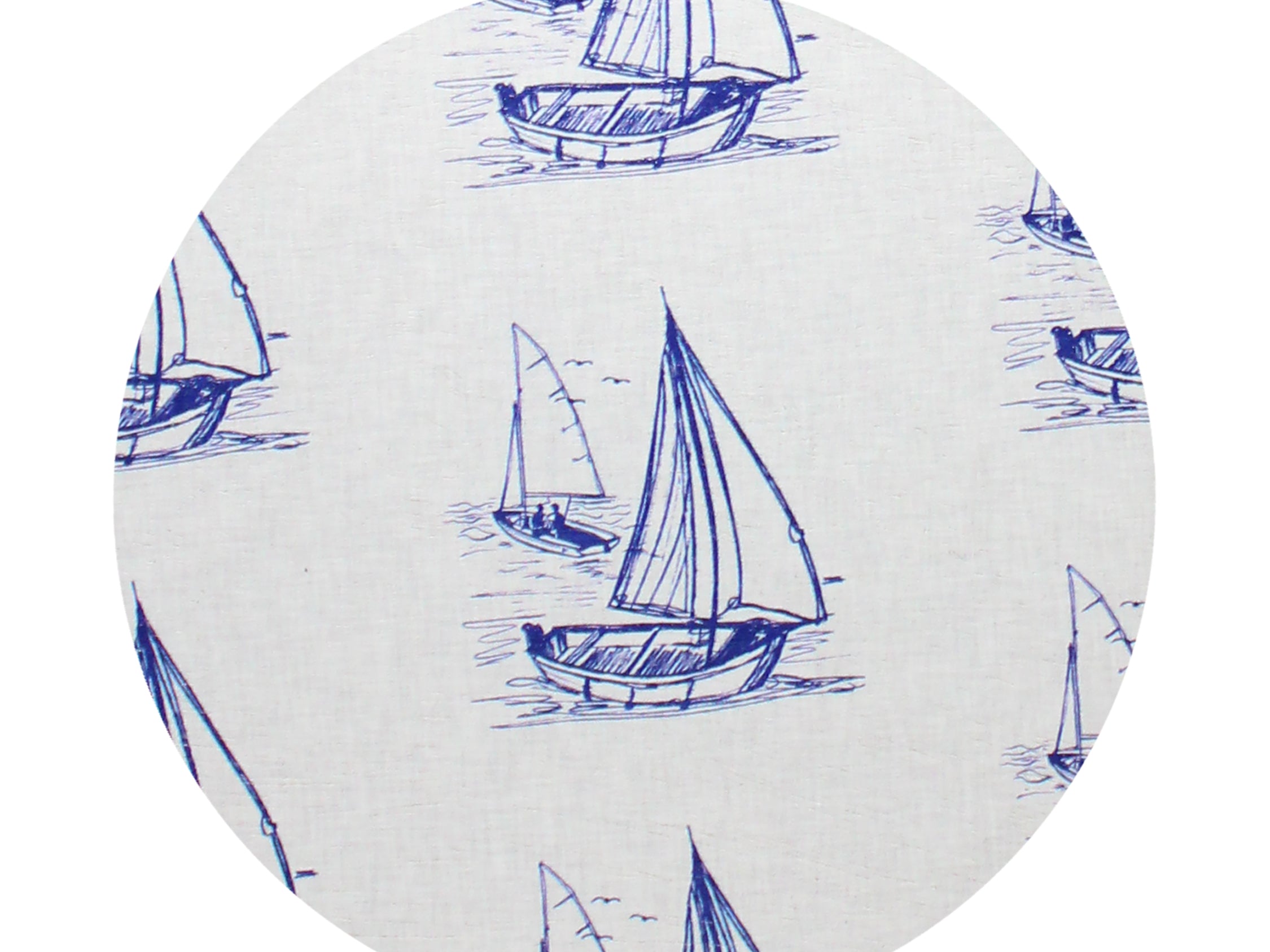 Scented candle lid with sailboat pattern, white with blue sail illustrations