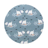 Blue candle lid top with repeating cat, fish, and wave pattern