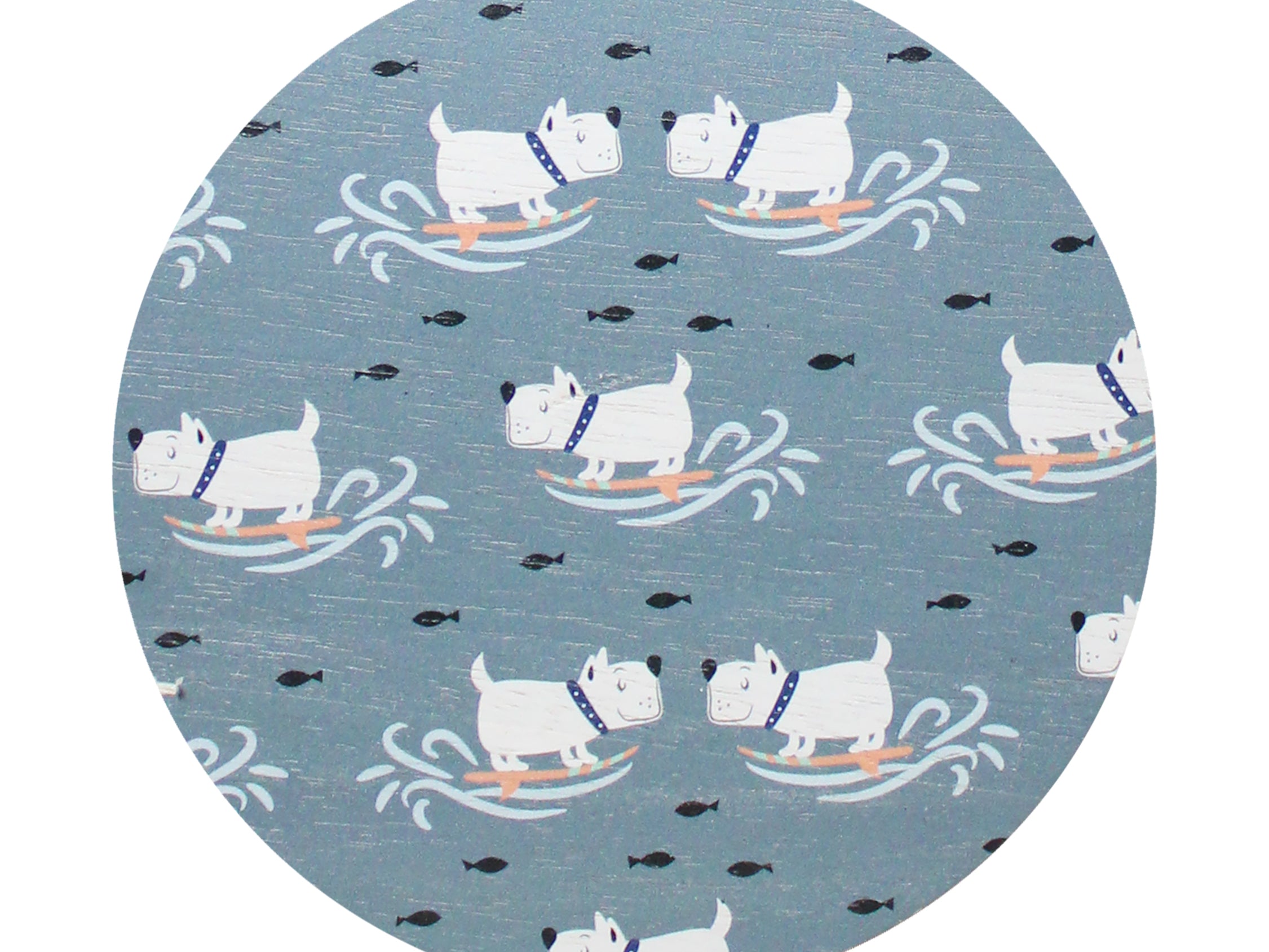 Blue candle lid top with repeating cat, fish, and wave pattern