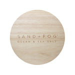 Wood lid with carved "Sand + Fog Ocean & Sea Salt" lid