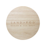 Wood lid with carved "Sand + Fog Ocean & Sea Salt" lid