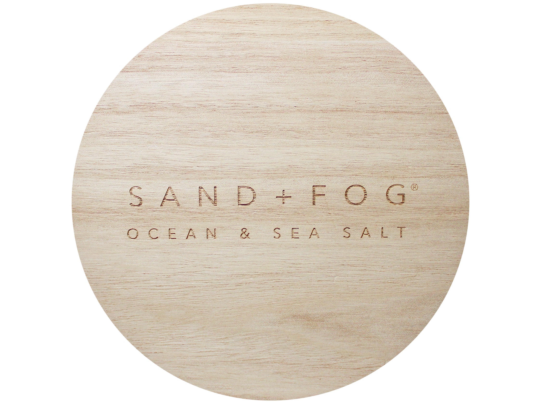 Wood lid with carved "Sand + Fog Ocean & Sea Salt" lid