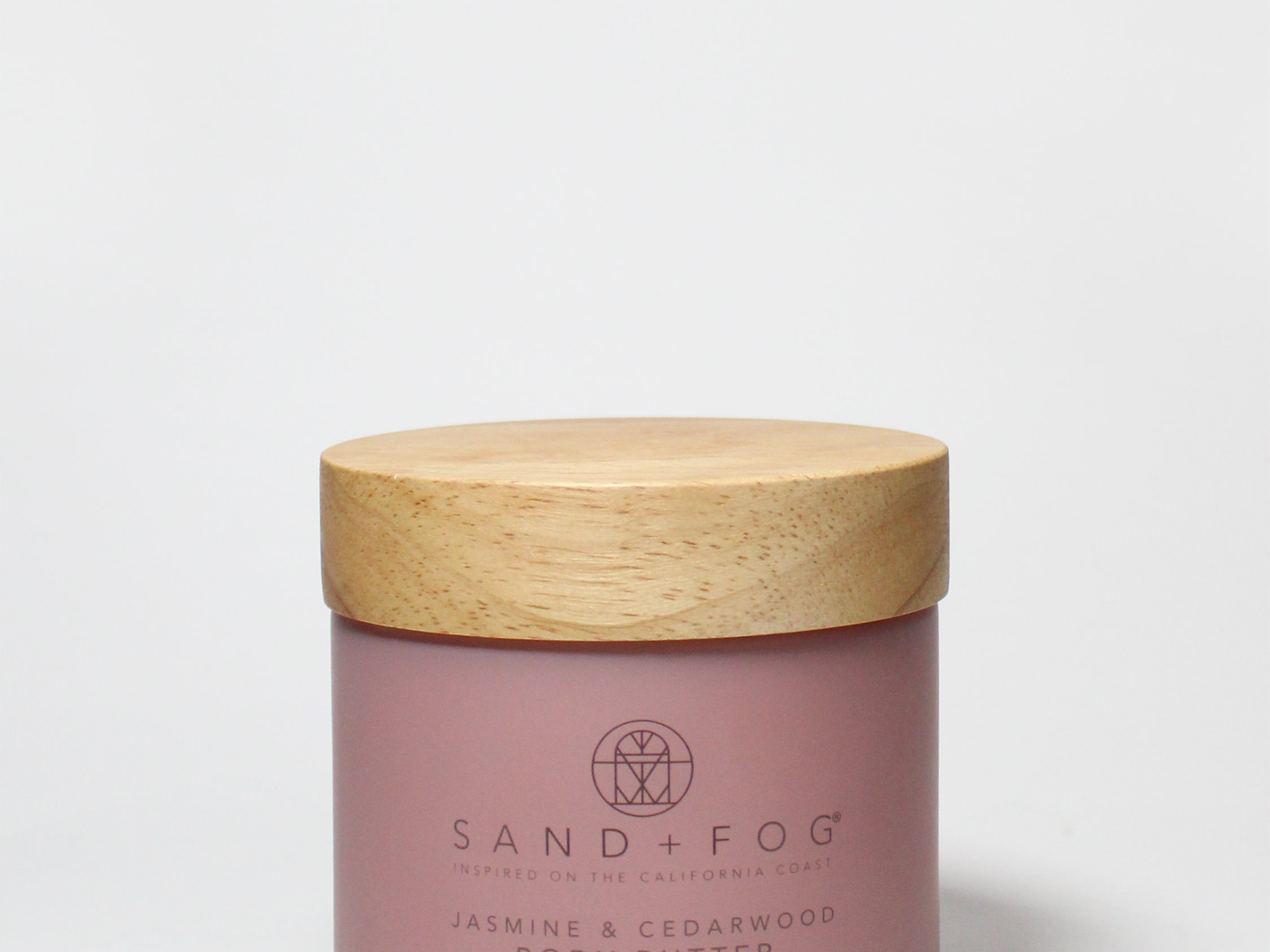 Whipped body butter jar with bamboo lid, Sand+Fog, Jasmine & Cedarwood, burgundy label.